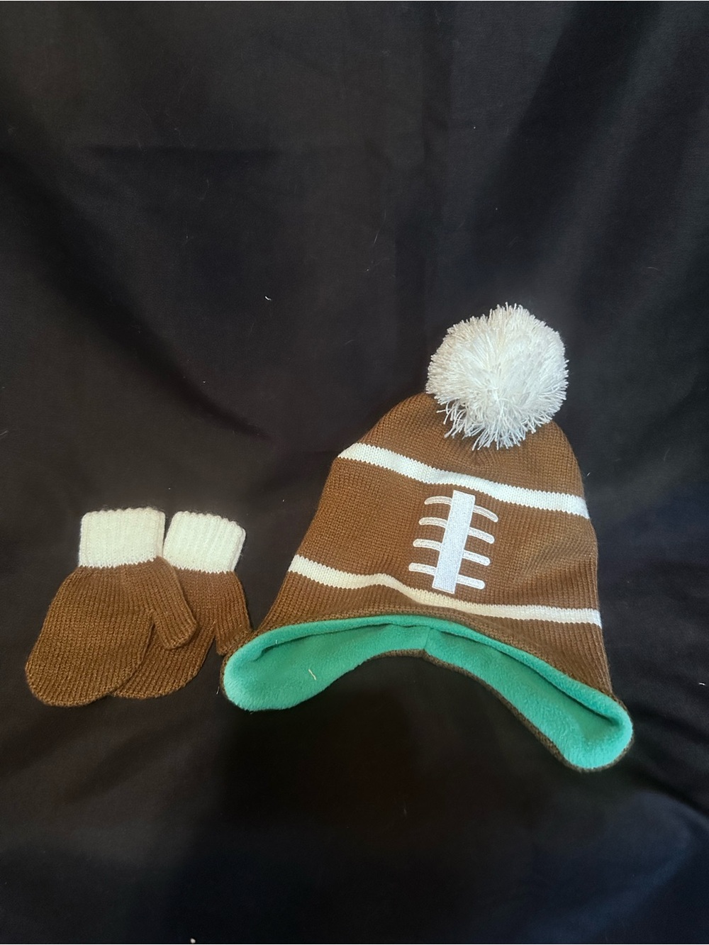 F-26 Kids Football Beanie and Mittens Set - Brown & White - Like New -Never worn